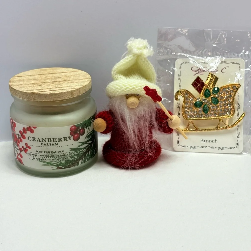 Cost Plus World Market Cranberry Balsam Candle sleigh pin and Santa ornament